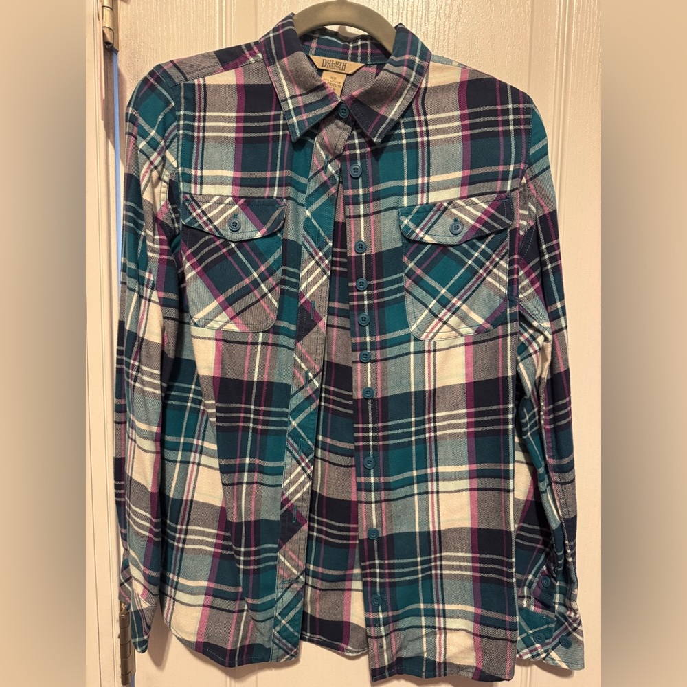 Duluth Trading Co Teal and Purple Plaid Shirt